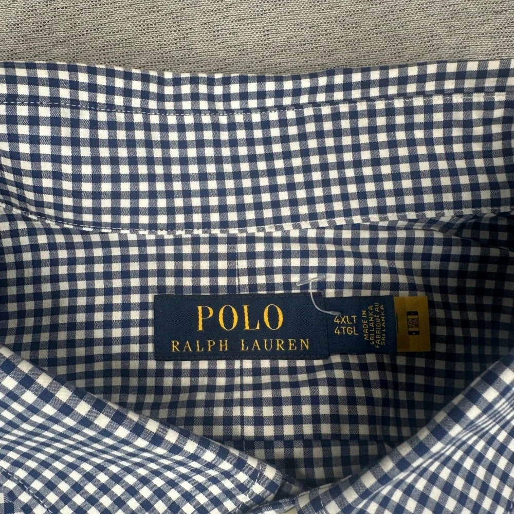 Polo Ralph Lauren Shirt Mens 4XLT Navy White Gingham Check Stretch Button Down